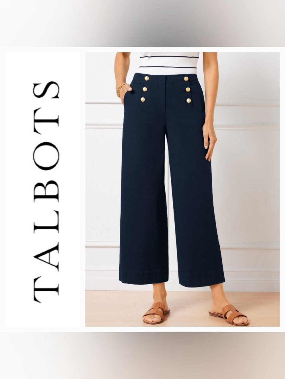 Talbots Cotton Slub Sailor Crop Pants Wide Leg Navy Blue Sz 16